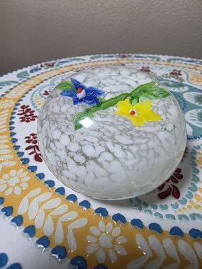 Handblown Glass Floral Paperweight Ball White Yellow Blue Flowers 2"